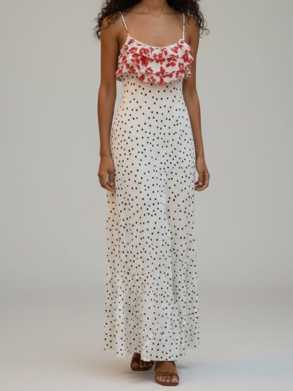 Rixo X Target Polka Dot Maxi Slip Dress with Red Cheetah Ruffle Womens XXS